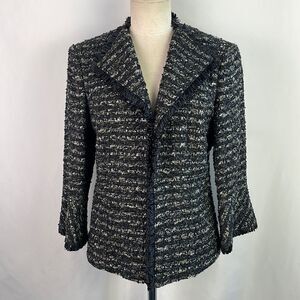 Lafayette 148 Black Tweed Ribbon Trim Open Front Jacket